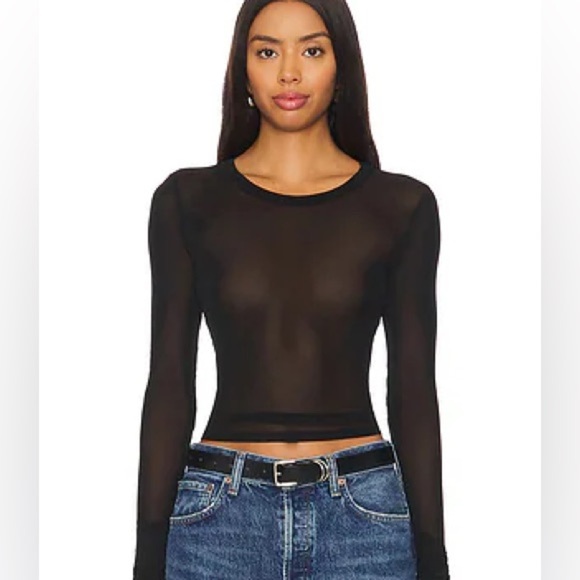 Free People Intimately Scrunch Sleeve Sheer Top Shirt Black (M) - Picture 1 of 6